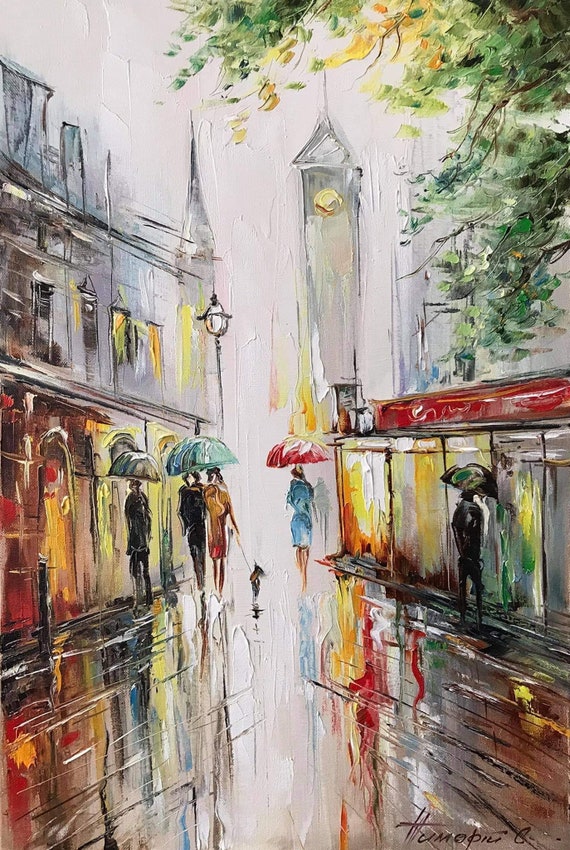 雨の街並みを描いた油絵オリジナル作品、雨の中を歩く人々を描いた壁画