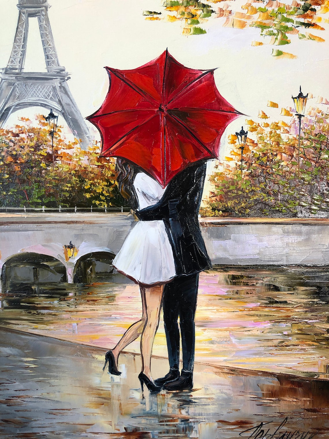 Couple Kissing Under Red Umbrella Painting Romantic Wall Art | Etsy