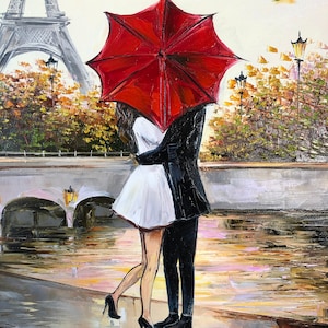 Couple Kissing Under Red Umbrella Painting Romantic Wall Art for ...