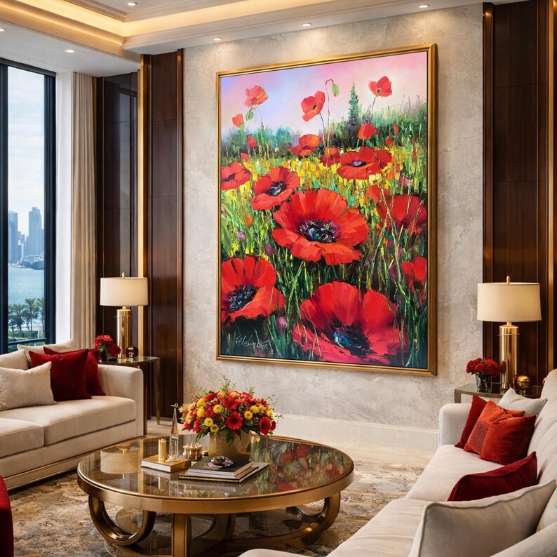 Red Poppies Painting Handpainted Wildflowers Field Wall Art Red Flower ...