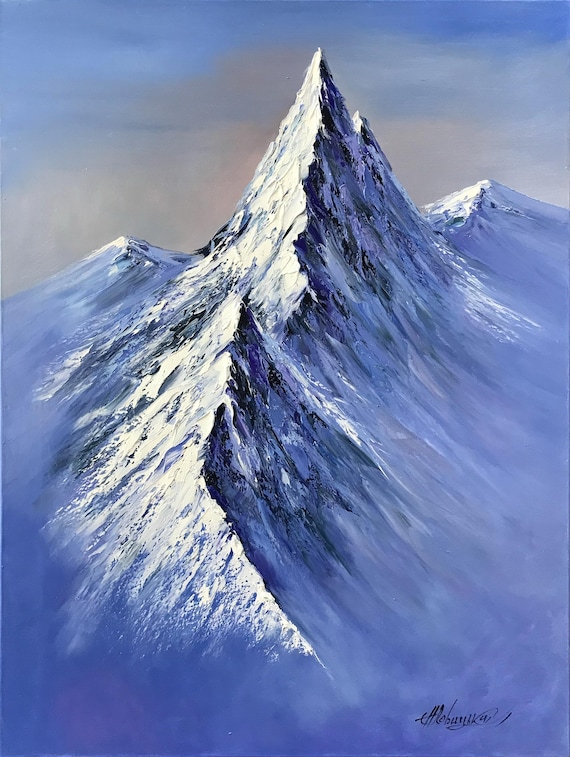 THAPA 油絵　ヒマラヤ山脈 キャンバスに描かれたエベレストの絵画、ヒマラヤ山脈の絵画、ブルー