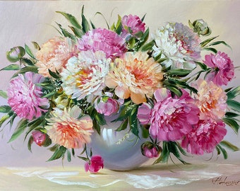 Peony Bouquet Oil Painting, Original Pink and White Peonies Artwork