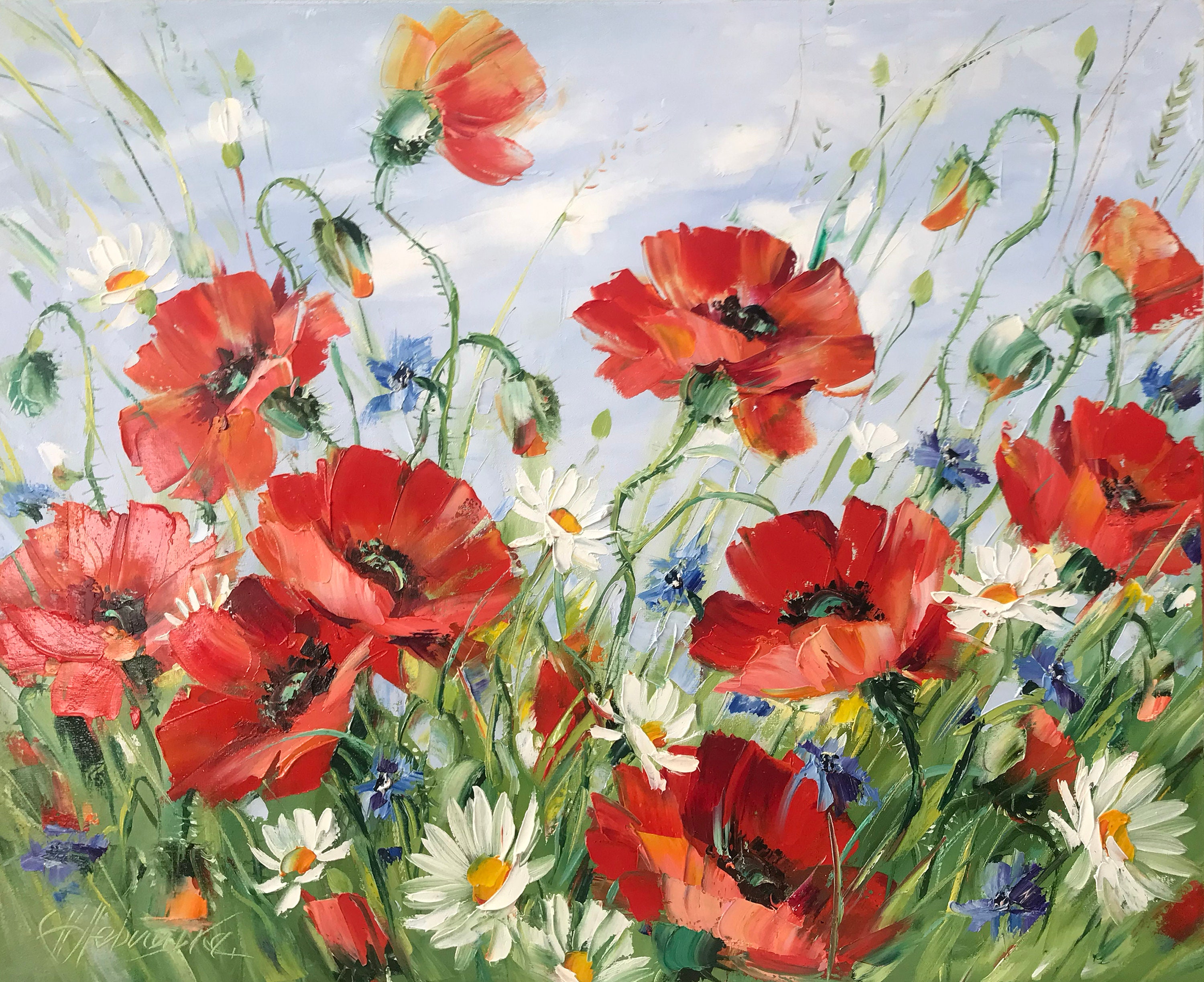 Poppy Field Oil Painting Original Art Work Red Poppies Painting on