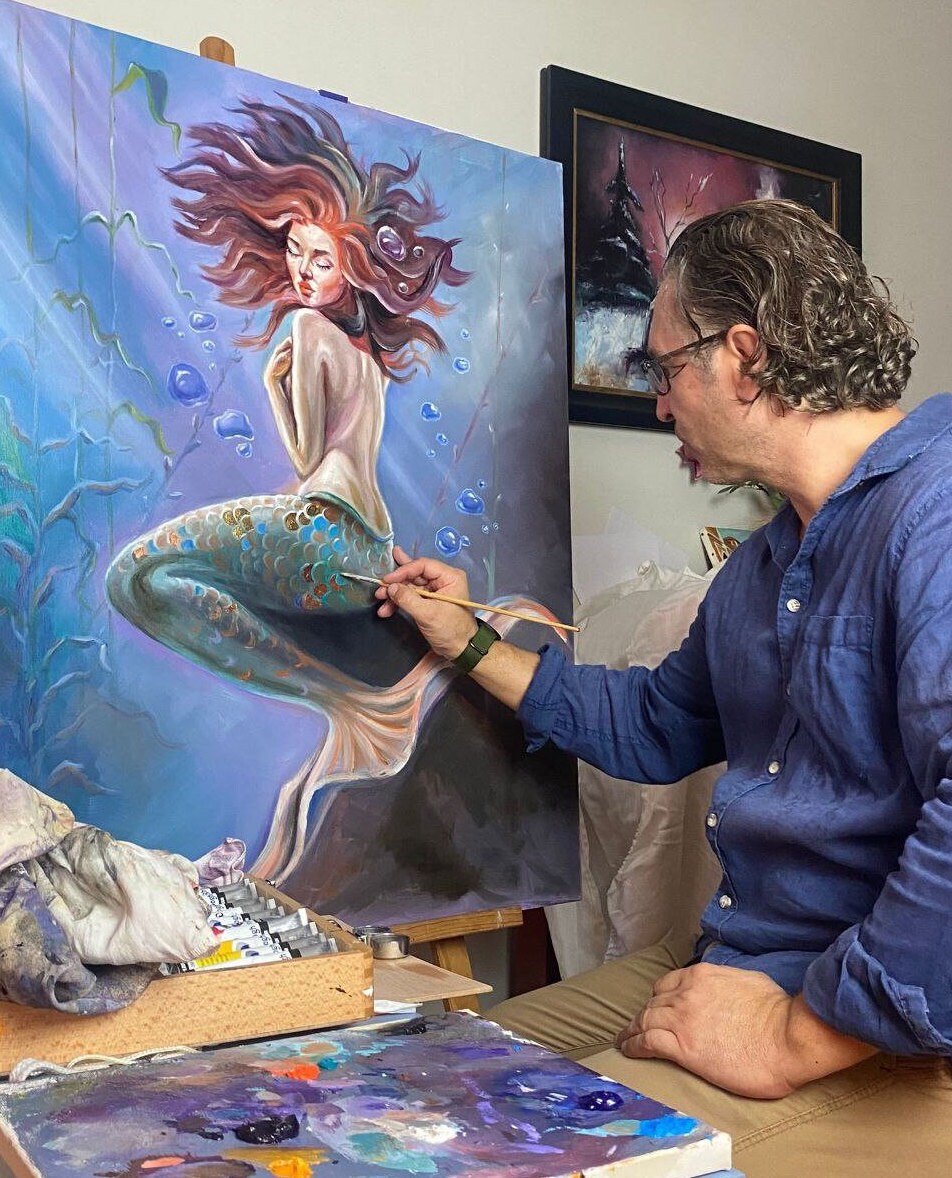 絵画　人魚　海 ユニークな人魚の油絵 オリジナルの人魚の壁アート 水中絵画