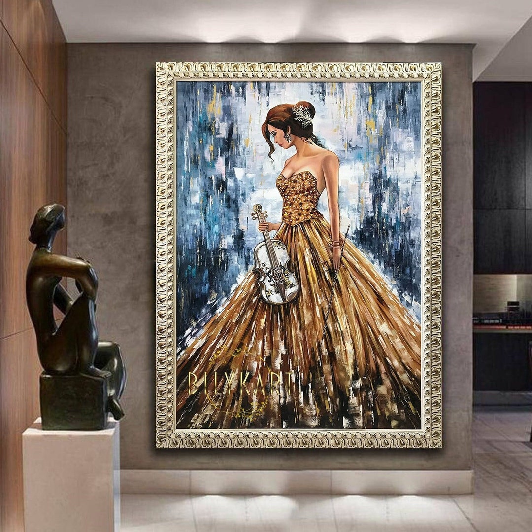 Violin Girl Oil Painting Canvas Original Beautiful Woman Wall Art Texture  Painting Flower Dress Art Gorgeous Painting Unique Gift for Fiance 