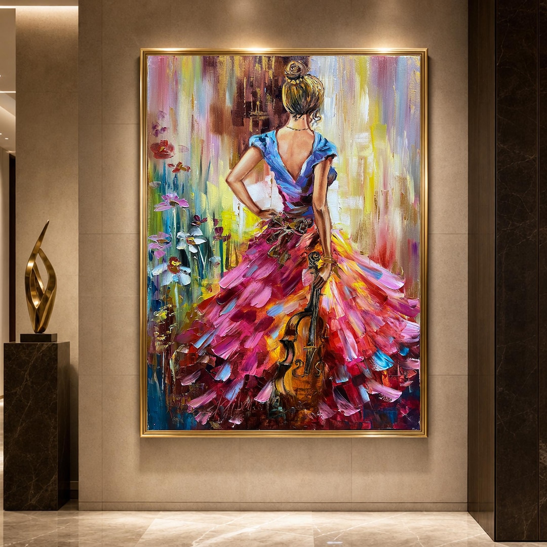 バイオリンを弾く少女の油絵オリジナル：美しい女性の壁掛けアート