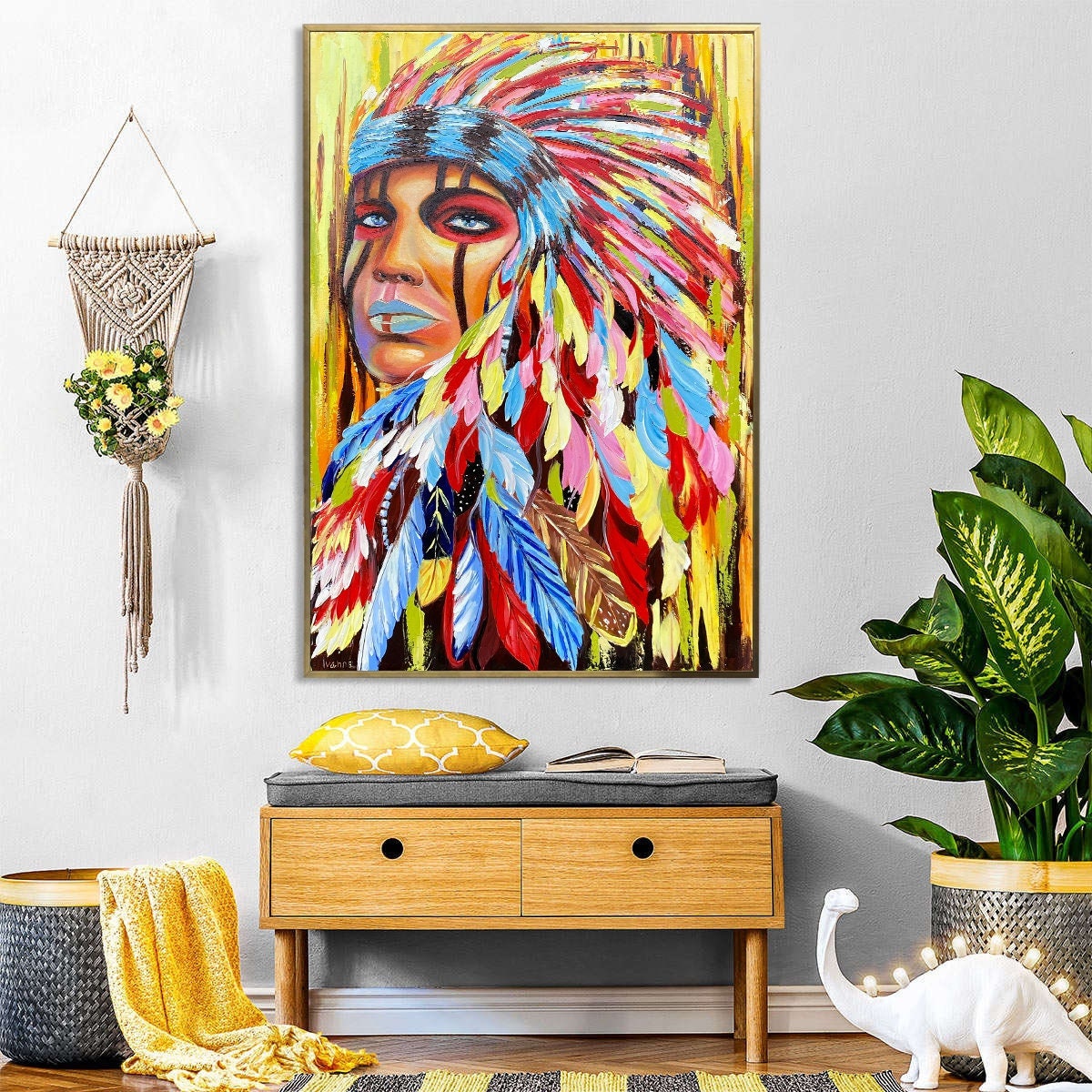 ネイティブアメリカンアート油絵 インディアンの羽根飾りをつけた