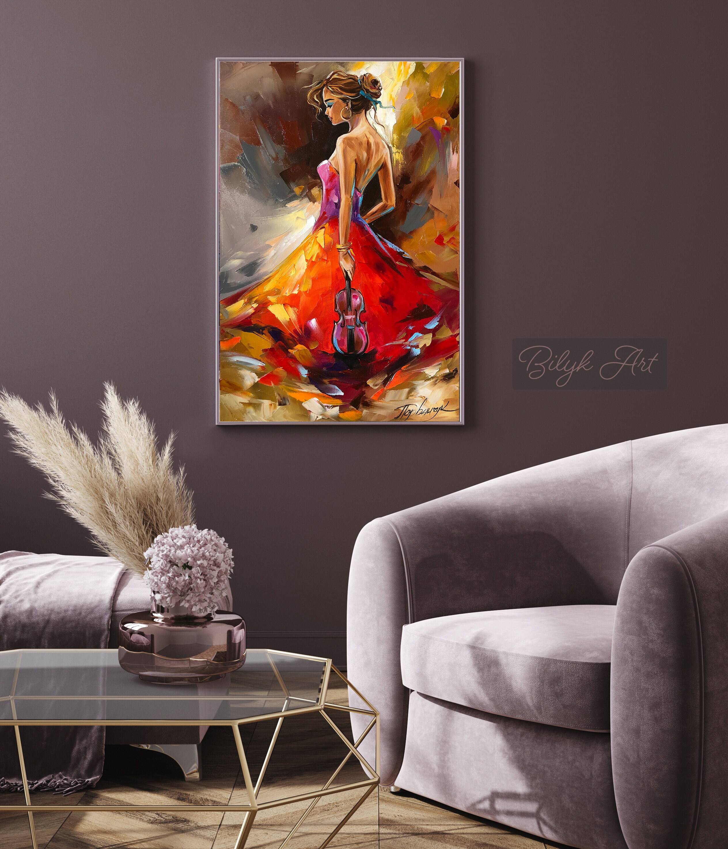 Original girl with violin oil painting Music player wall art | Etsy