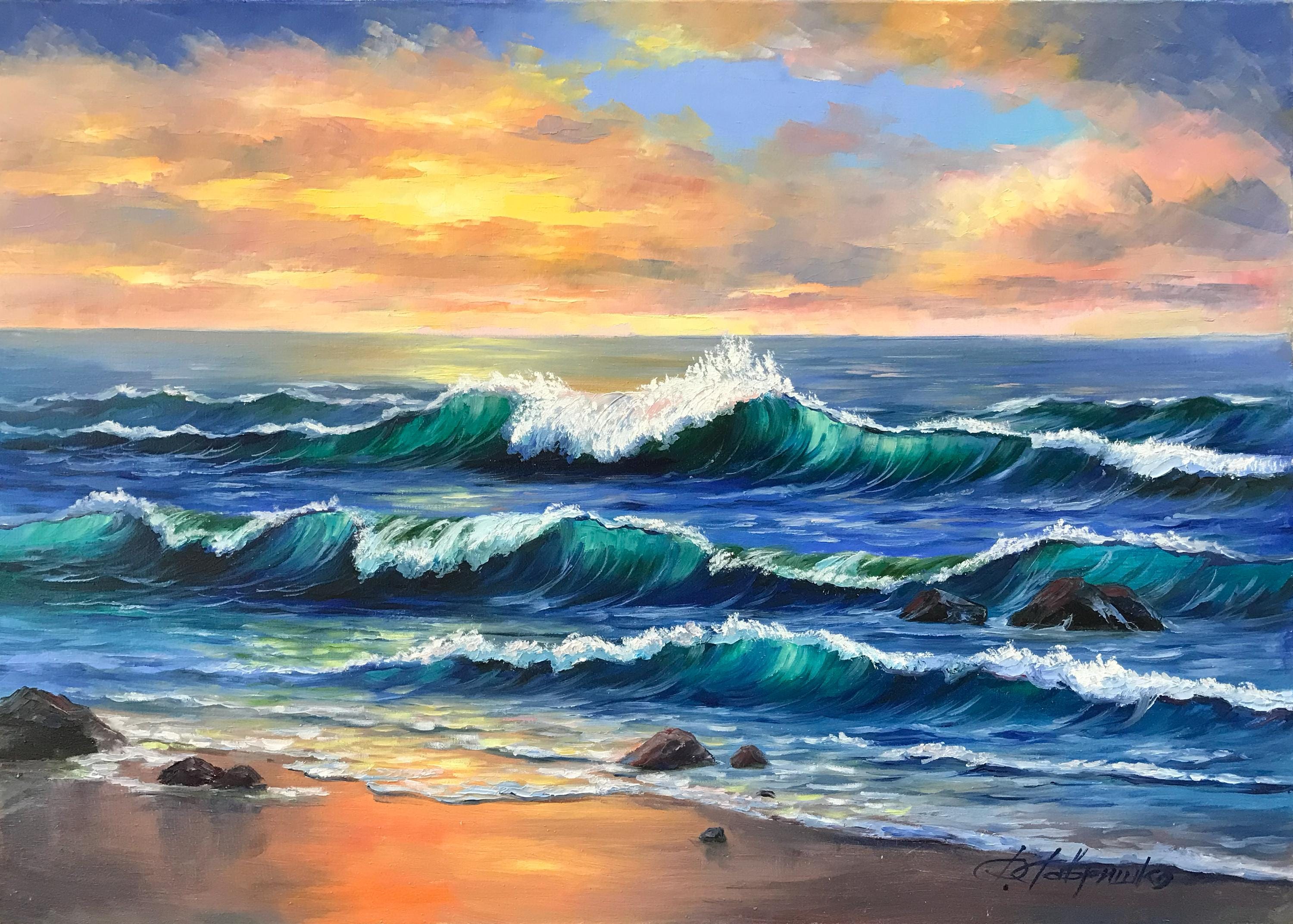 海岸の絵画 オリジナルのビーチの風景画 キャンバス オーシャンサイド