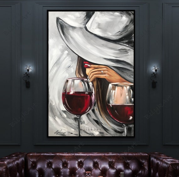 Oil Beautiful woman with a Glass of Red Wine at the Bar Original Oil ...