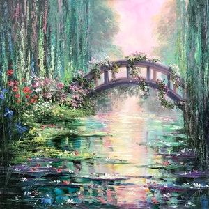 Claude Monet Painting on Canvas &quot;Japanese Bridge&quot; Water Lilies Wall Art Lily Oil Painting Green Nature Wall Decor Garden Painting Original