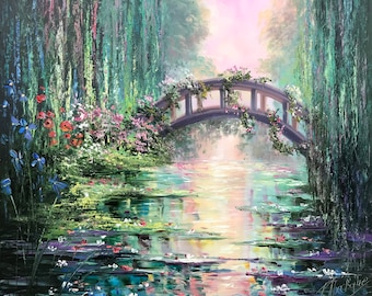 Claude Monet Painting on Canvas "Japanese Bridge" Water Lilies Wall Art Lily Oil Painting Green Nature Wall Decor Garden Painting Original