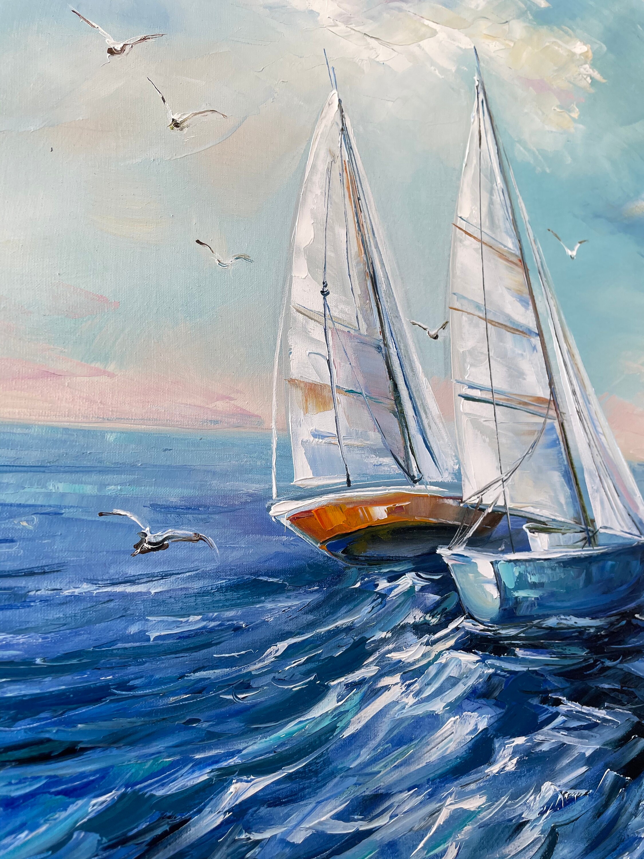 帆船の絵画 青い海のキャンバスの油絵 オリジナルの船のアート