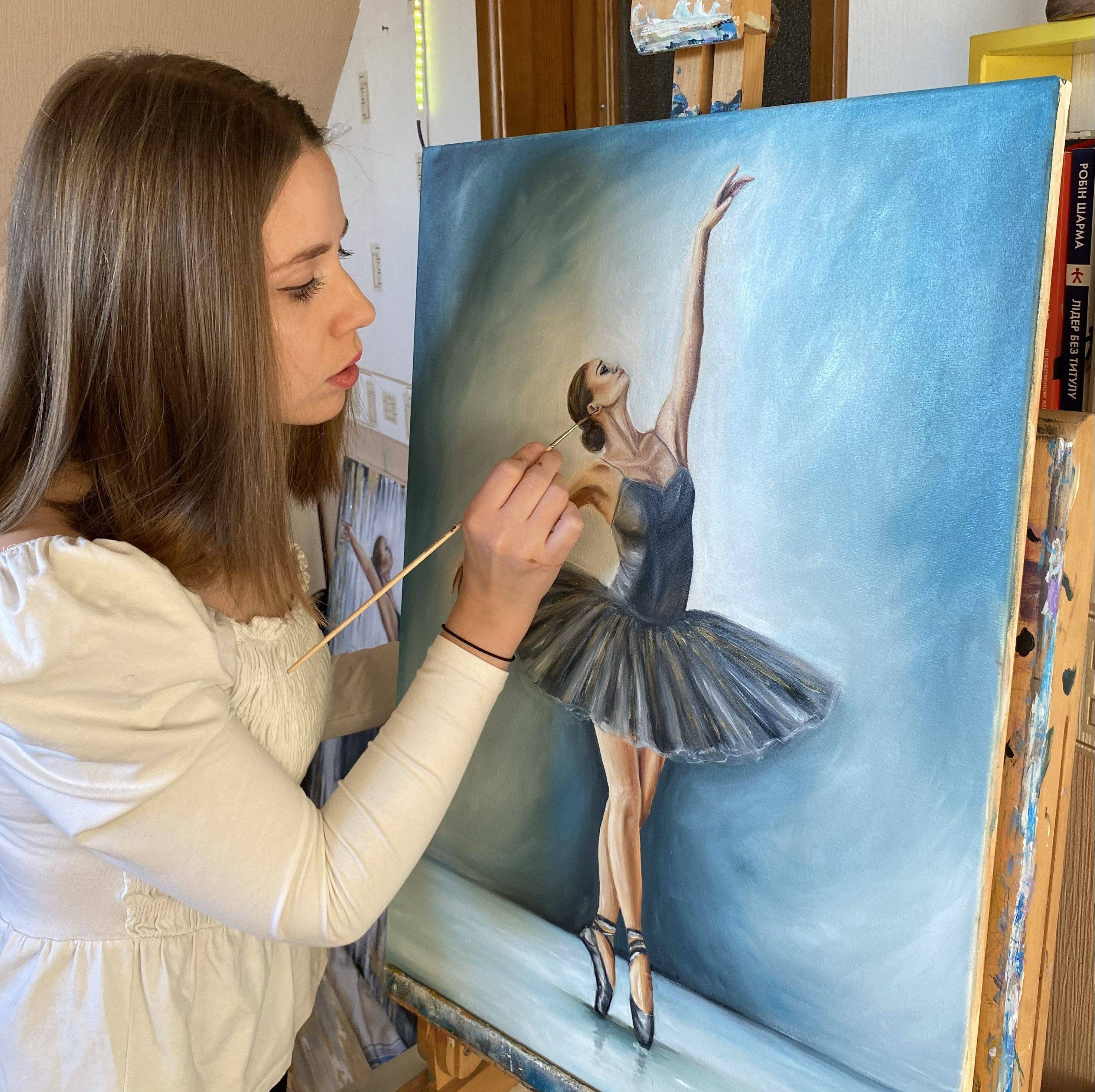 バレエダンサーの油絵 オリジナルバレエ壁アート 黒人バレリーナの絵画 
