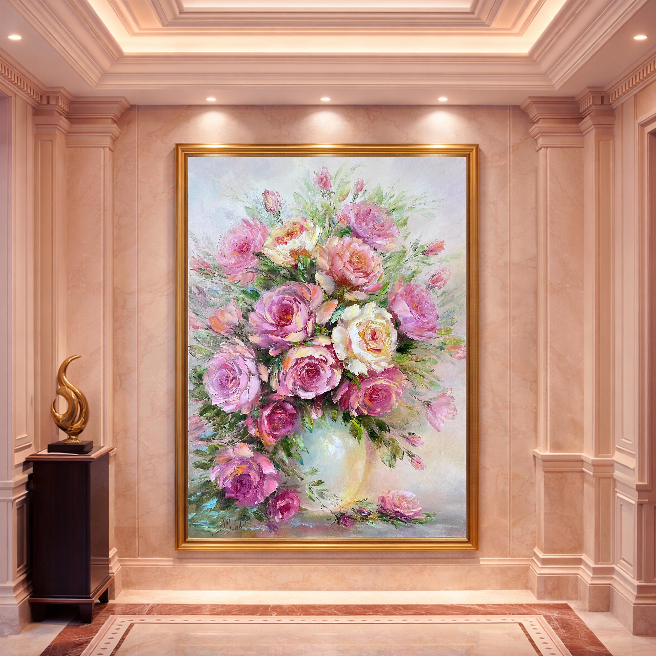 ピンクのバラの油絵 オリジナルの花瓶に入った花の絵画 クラシックな壁