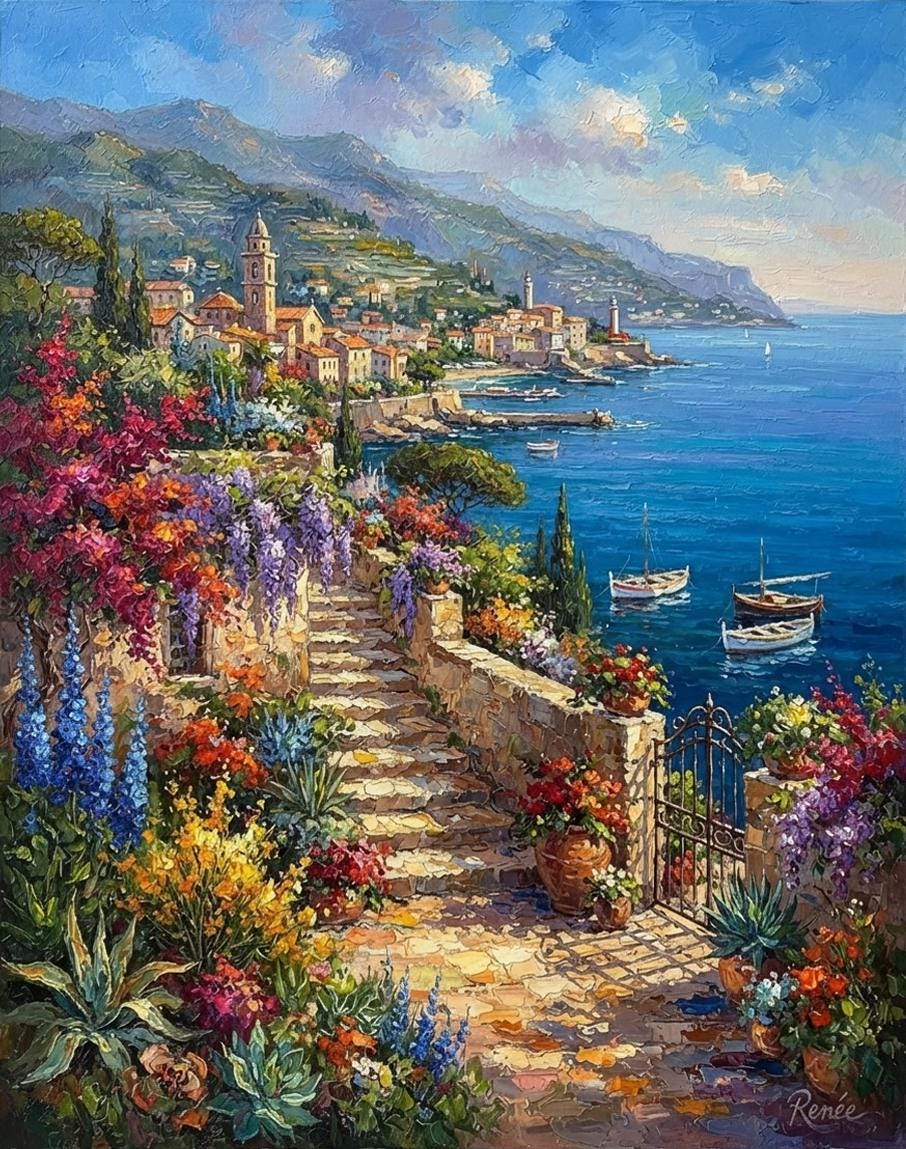 Portofino Italy Oil Painting, Colorful Italian Riviera Wall Art