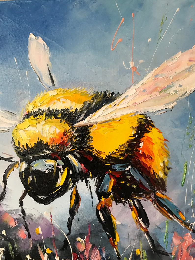 Original Bumble Bee Oil Painting, Blue and Yellow Insect Wall Art - Etsy