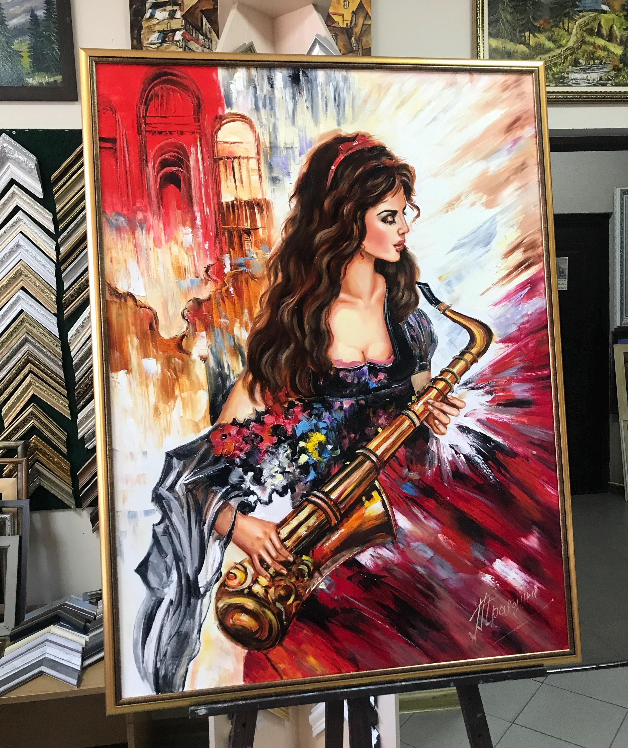 油絵「　ジャズ　」原画 抽象画、サックス奏者の油絵、ジャズを演奏する現代女性、キャンバスに