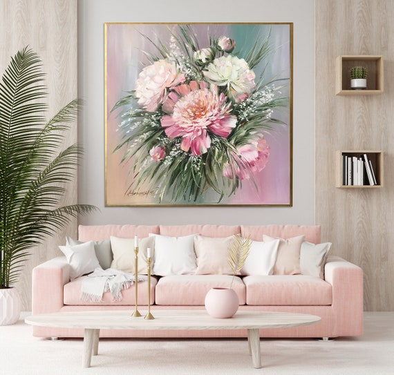 Large Flowers Oil Painting Original Pink Peony Wall Art Floral - Etsy