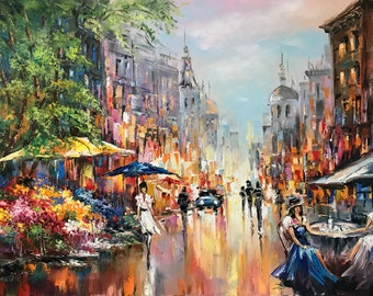 French Cafe Painting on Canvas, Flower Market Art Work, Paris Street Scene Art