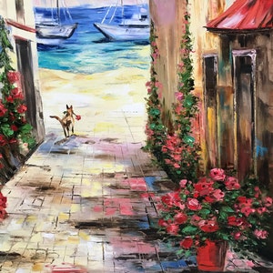 May include: Oil painting of a coastal alleyway with a dog carrying a red object. The scene includes buildings with red flowers, a red roof, and sailboats on the turquoise sea. The artwork has a textured, impressionistic style.