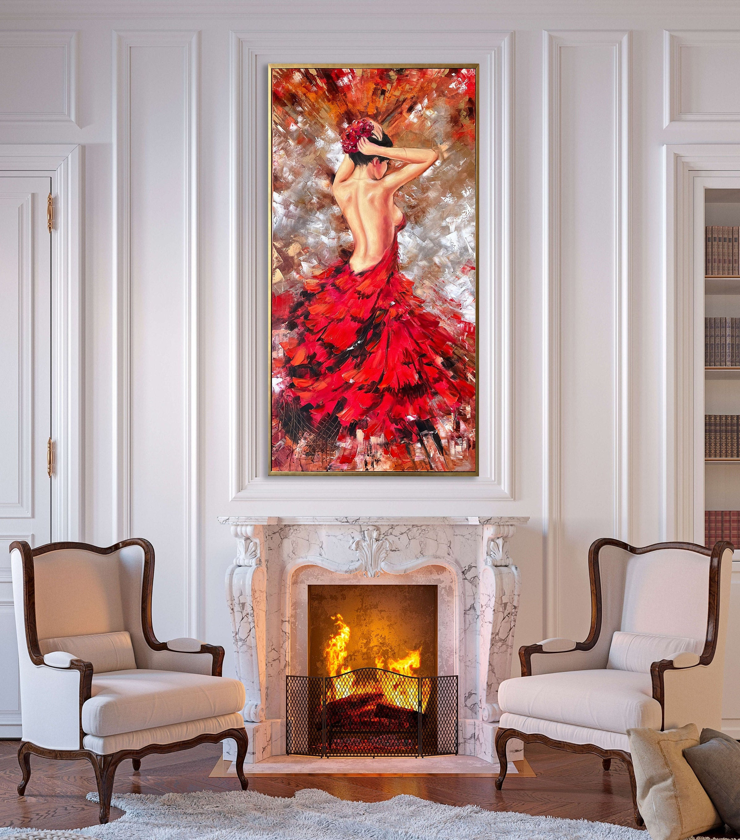 Oversize Vertical Handmade Oil Painting On Canvas Red White Modern
