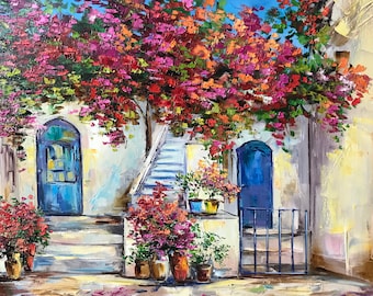 油絵「ブーゲンビリア」F6号 サントリーニ島の絵画 オリジナルの赤いブーゲンビリアの絵画 ゲスト