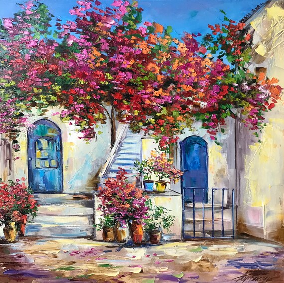 サントリーニ島の絵画 オリジナルの赤いブーゲンビリアの絵画 ゲスト