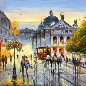 Large City Painting on Canvas European City Wall Art City Scape Oil Painting Original Architecture Painting European Street Scene Painting