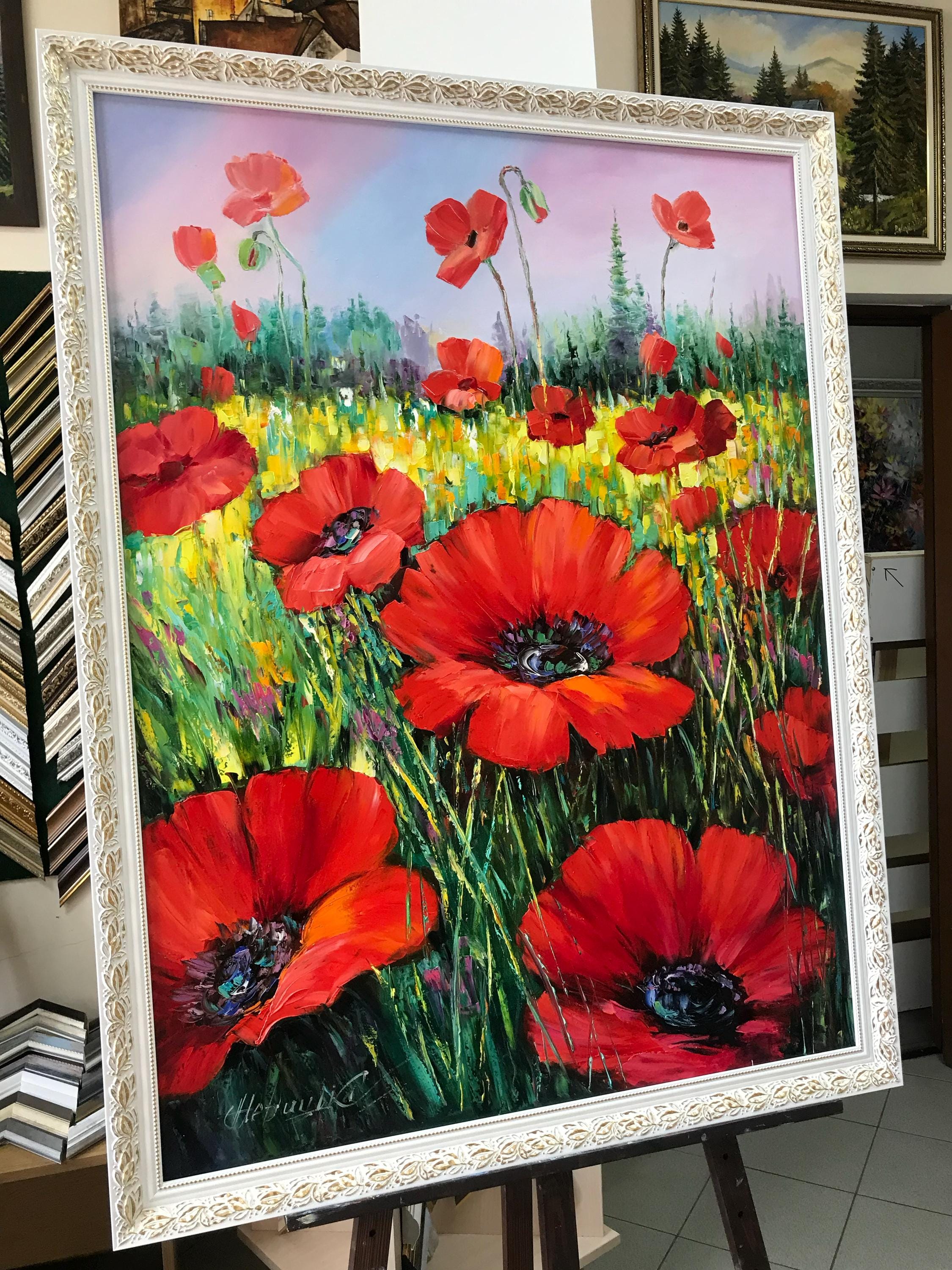 赤いポピーの絵画 手描きの野生の花畑の壁アート キャンバスに
