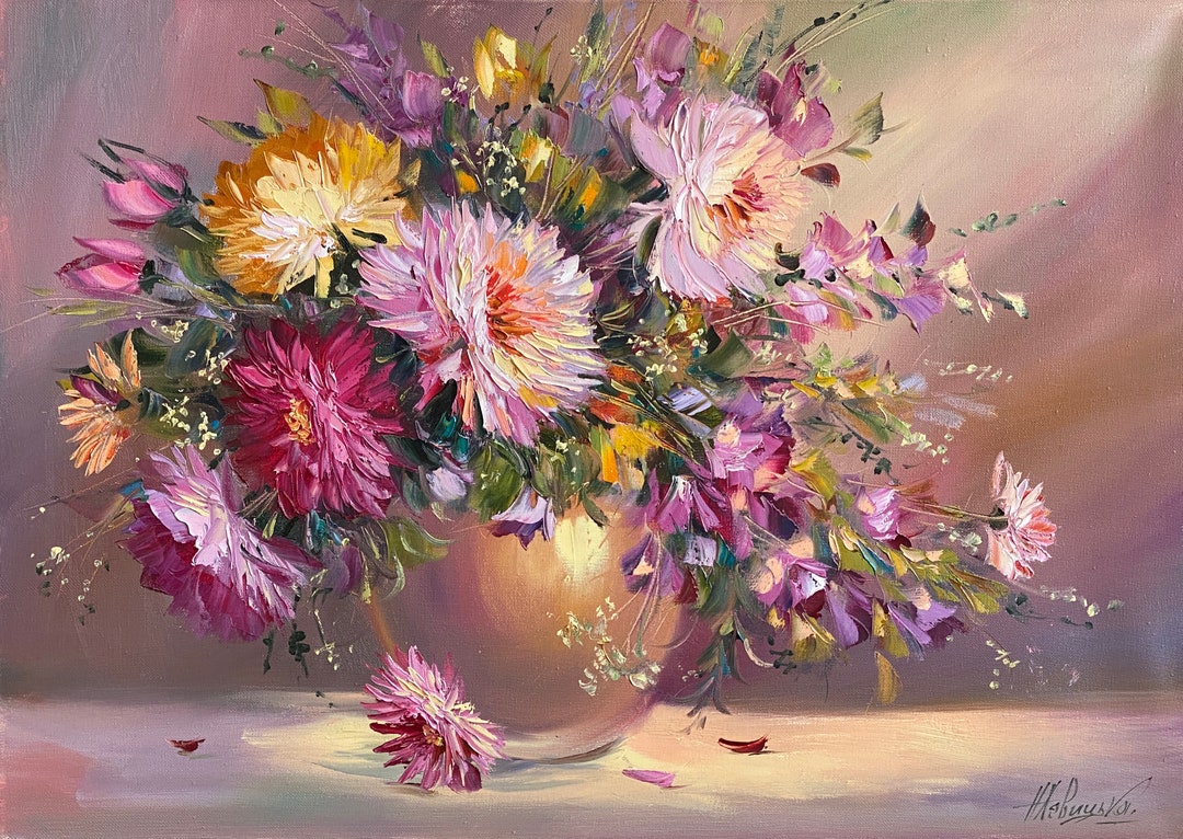 絵画 Oil painting of beautiful flowers. Beautiful Floral Oil Painting Signed J Moran Framed Small