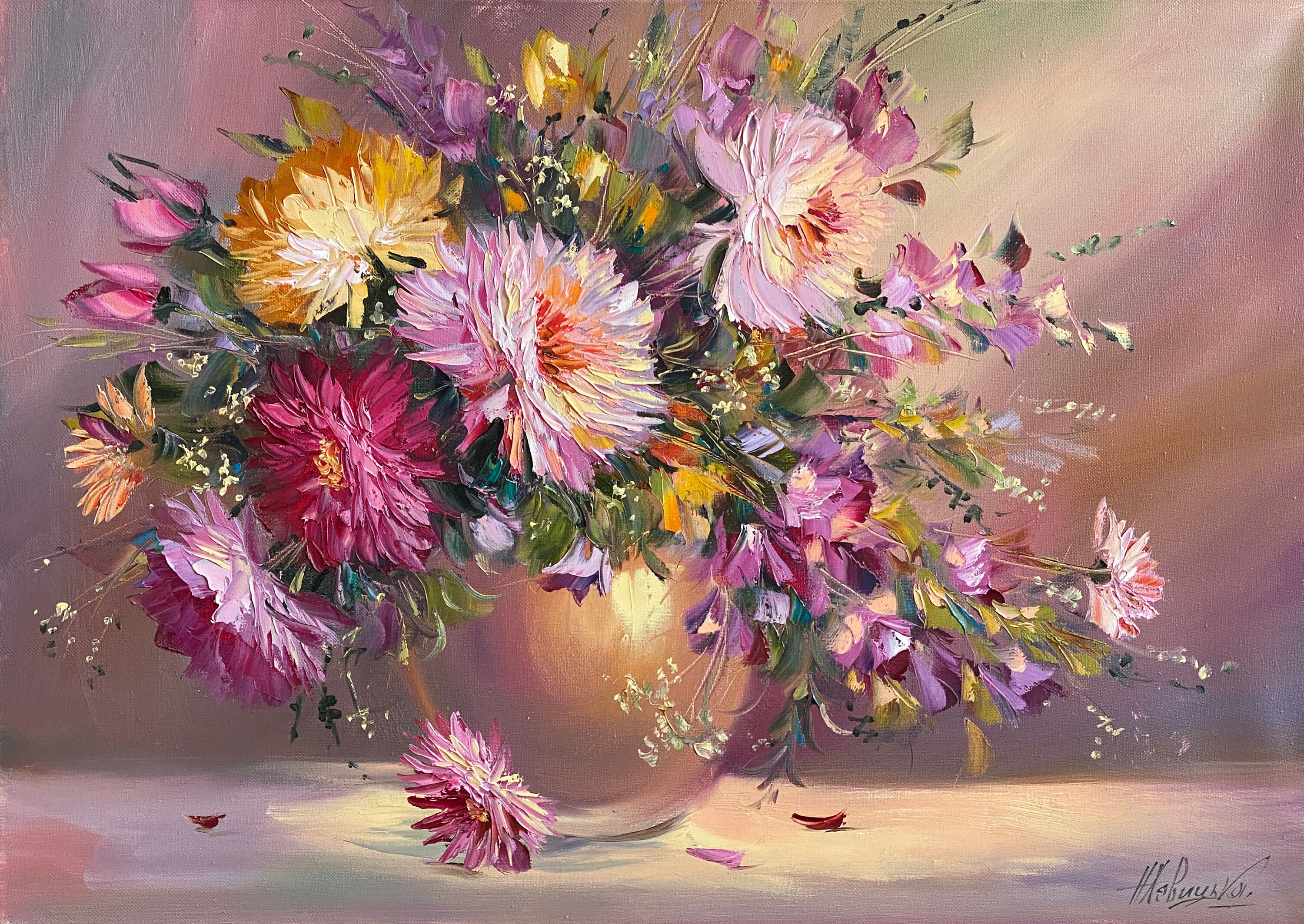 絵画 Oil painting of beautiful flowers. Beautiful Flowers Original OIL Painting in Gold and Wooden