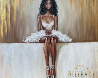 May include: A painting of a woman in a white tutu sitting on a white platform. She has dark curly hair and is wearing ballet shoes. The background is a light brown color with gold accents. The painting is signed "Nanie" in the bottom left corner and "BILLYKART" in the bottom right corner.