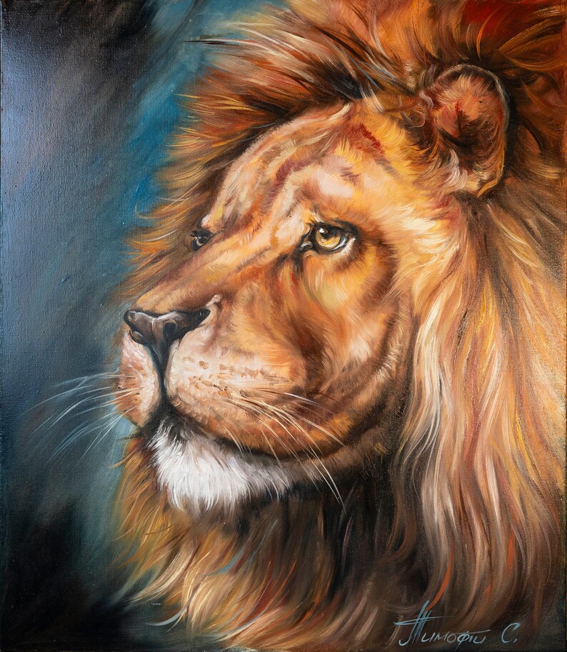 Testa di leone dipinta ad olio su tela, arte astratta animale, arte murale blu e marrone, dipinto coraggioso, regalo leone per uomo, decorazione safari, dipinto del Re Leone immagine 3