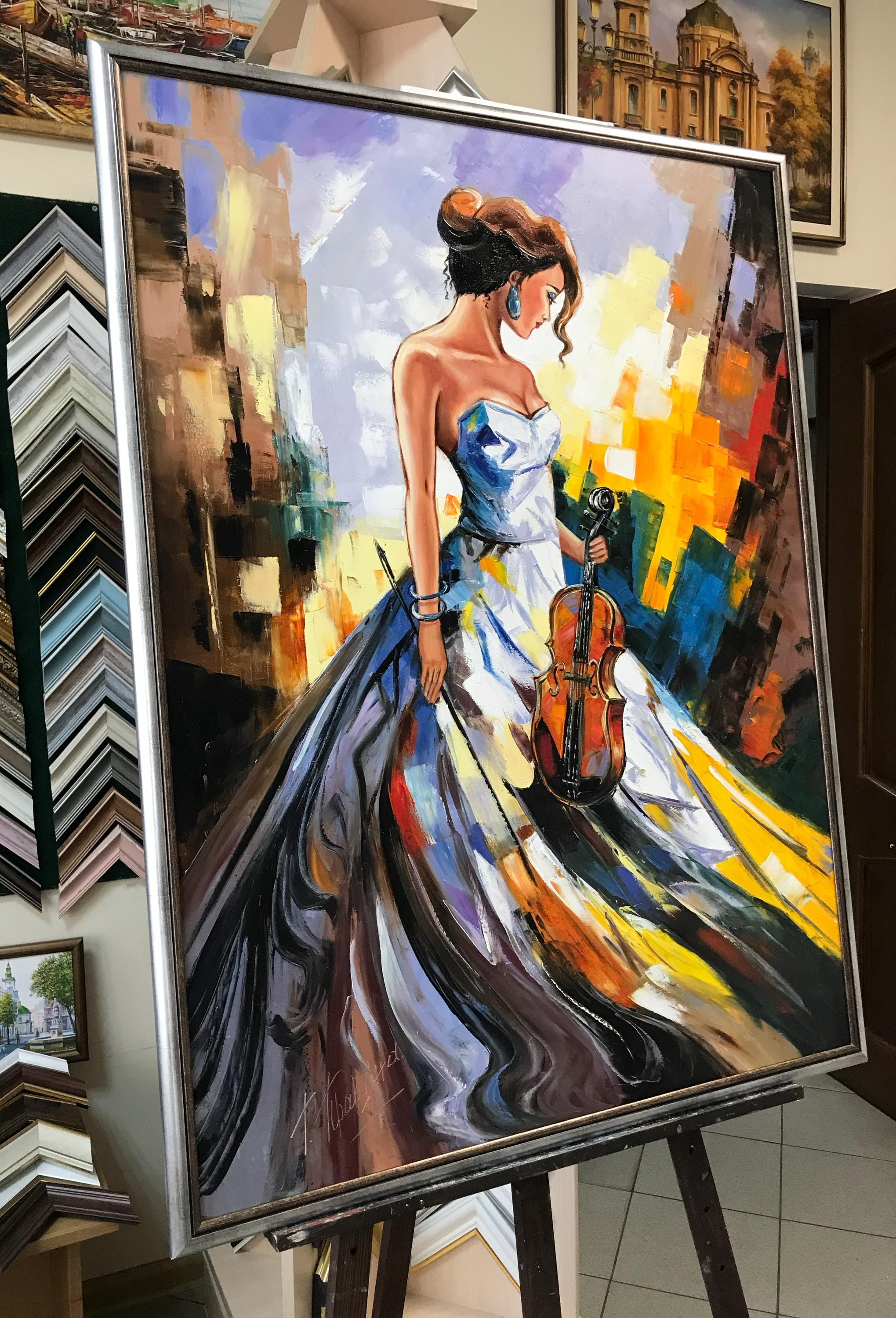 Lady With Violin Oil Painting Original Women 36x48 Canvas Wall Art