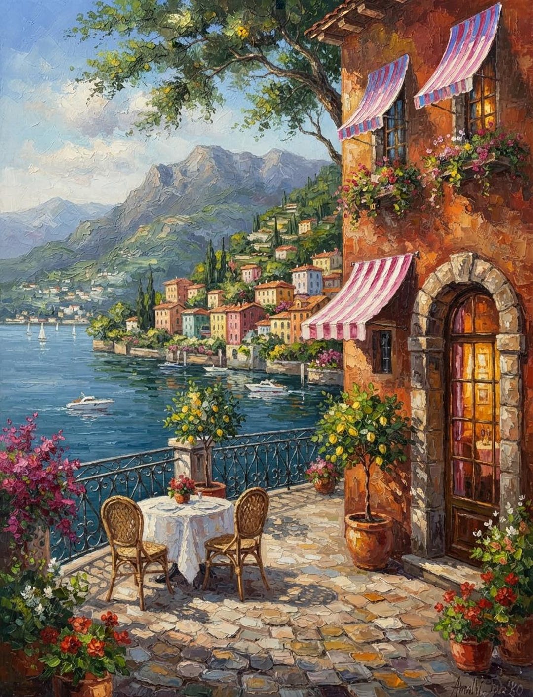 イタリアのカフェ風景油絵オリジナルカスタムコモ湖イタリア壁掛け