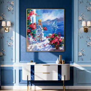 Woman at Sea Painting Original Santorini Painting on Canvas Seaside Artwork Girl Looking at the Sea Painting Greece Oil Painting Summer Gift image 2
