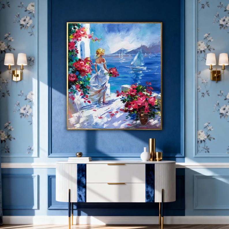 Woman at Sea Painting Original Santorini Painting on Canvas Seaside Artwork Girl Looking at the Sea Painting Greece Oil Painting Summer Gift image 2