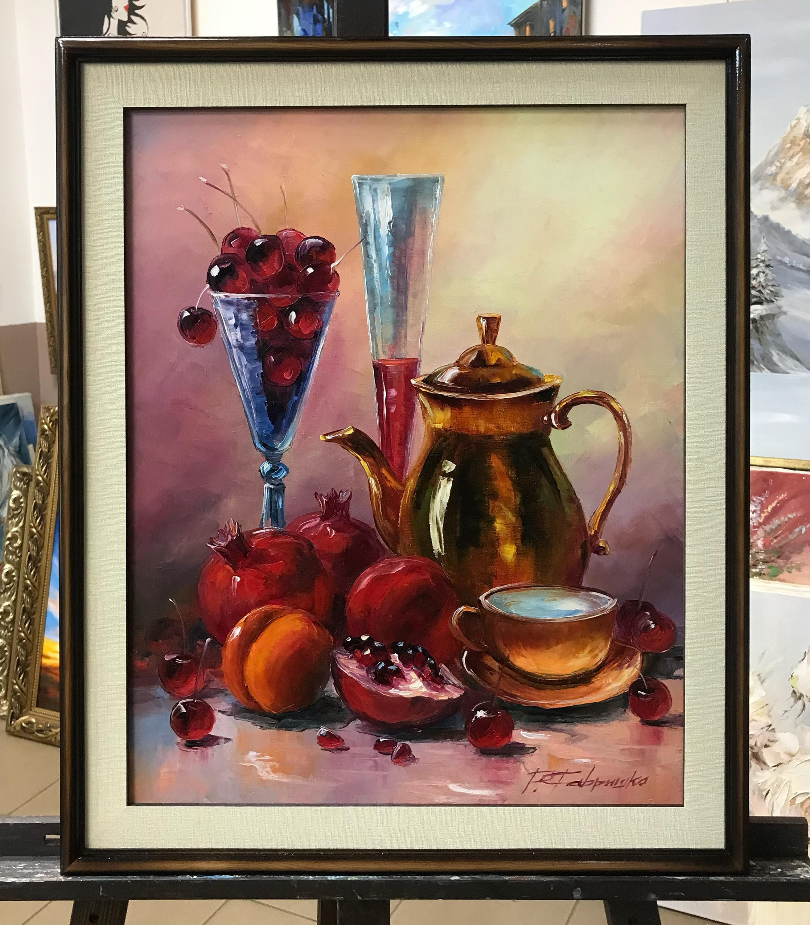 静物画フルーツ絵画オリジナルフルーツ油絵ティーポットアートザクロ