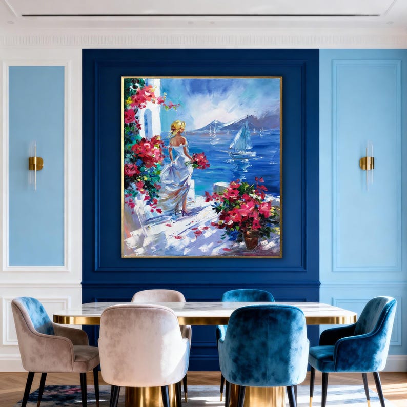 Woman at Sea Painting Original Santorini Painting on Canvas Seaside Artwork Girl Looking at the Sea Painting Greece Oil Painting Summer Gift image 4