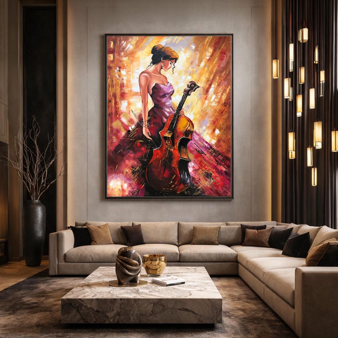 Abstract Woman Oil Painting: Girl Playing Cello in Red Dress Wall Art ...