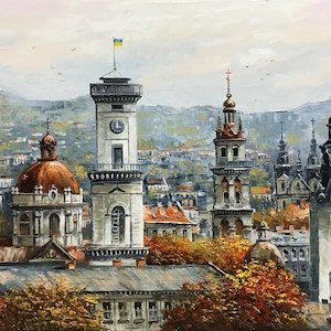 Buildings Paintings on Canvas Prague Wall Art Prague Painting Original Architecture Painting Europe Artwork Autumn City Painting Town Art