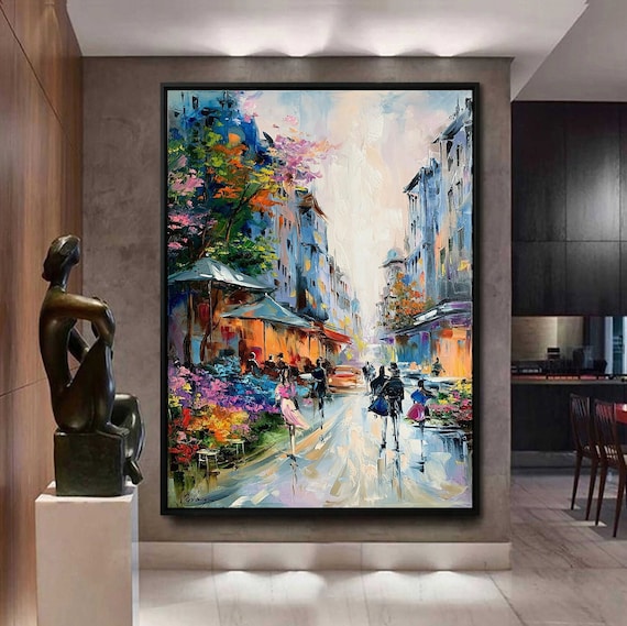 Large Paris Oil Painting Original Paris Street Scene Painting Romantic Paris Cafe Art Paris Flower Market Artwork Romantic Couple Wall Art