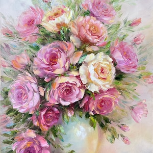 Rosa rosor oljemålning originalmålning blommor i en vas klassisk väggkonst rosa blomkonst rosbukett oljemålning konst present till henne