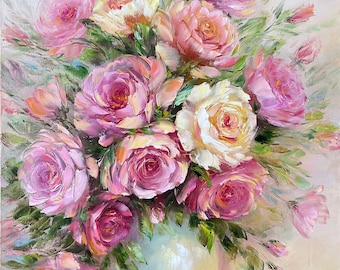 ピンクのバラの油絵 オリジナルの花瓶に入った花の絵画