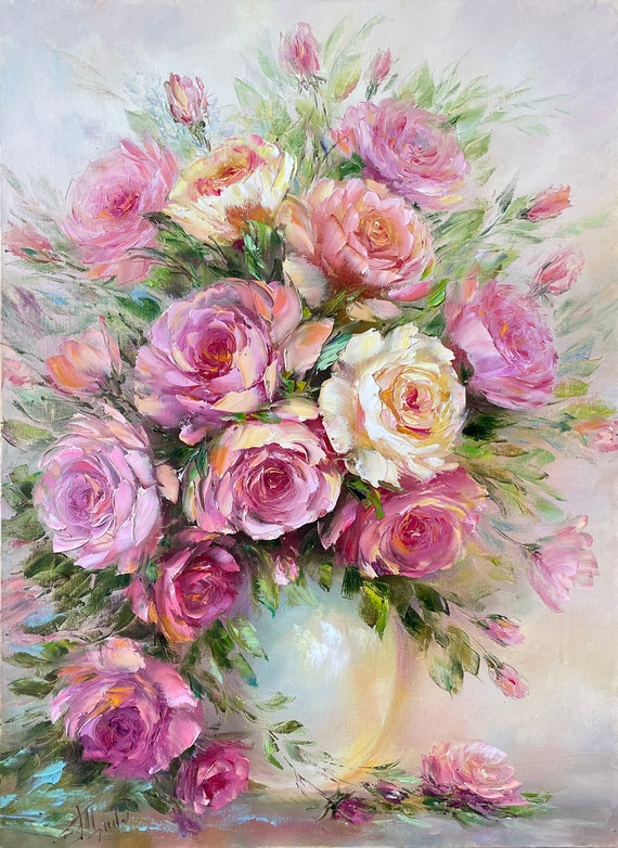 ピンクのバラの油絵 オリジナルの花瓶に入った花の絵画 ピンクのバラの油絵 オリジナルの花瓶に入った花の絵画