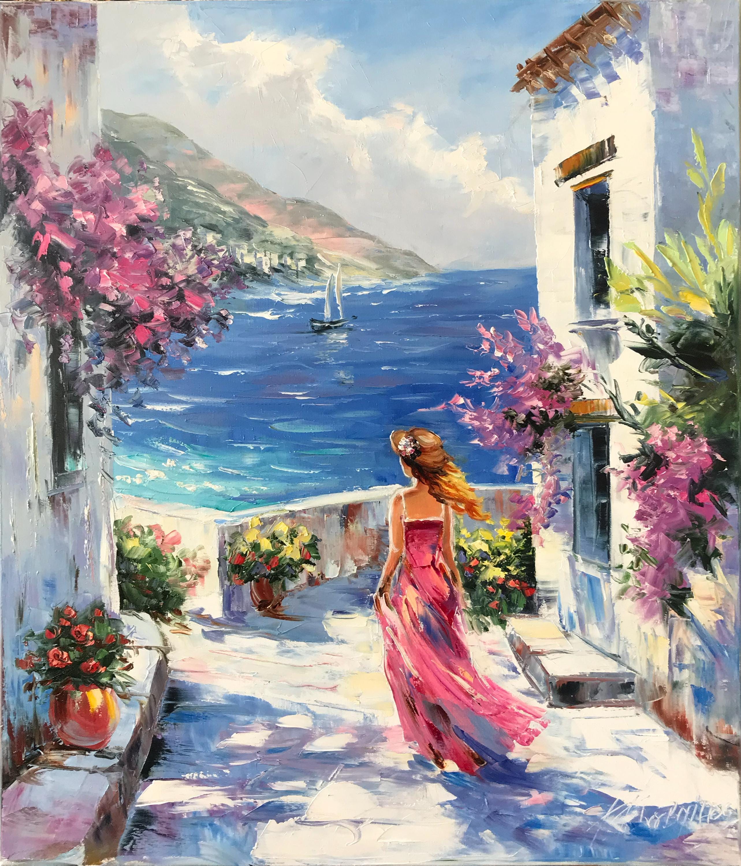 ミコノスの絵画 オリジナル 海を眺める女性の絵画 ギリシャの島の芸術