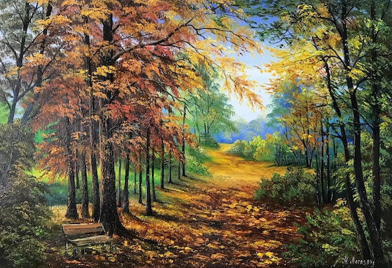 秋の森を描いた大きな油絵オリジナル作品、秋の風景、森の中の小道の