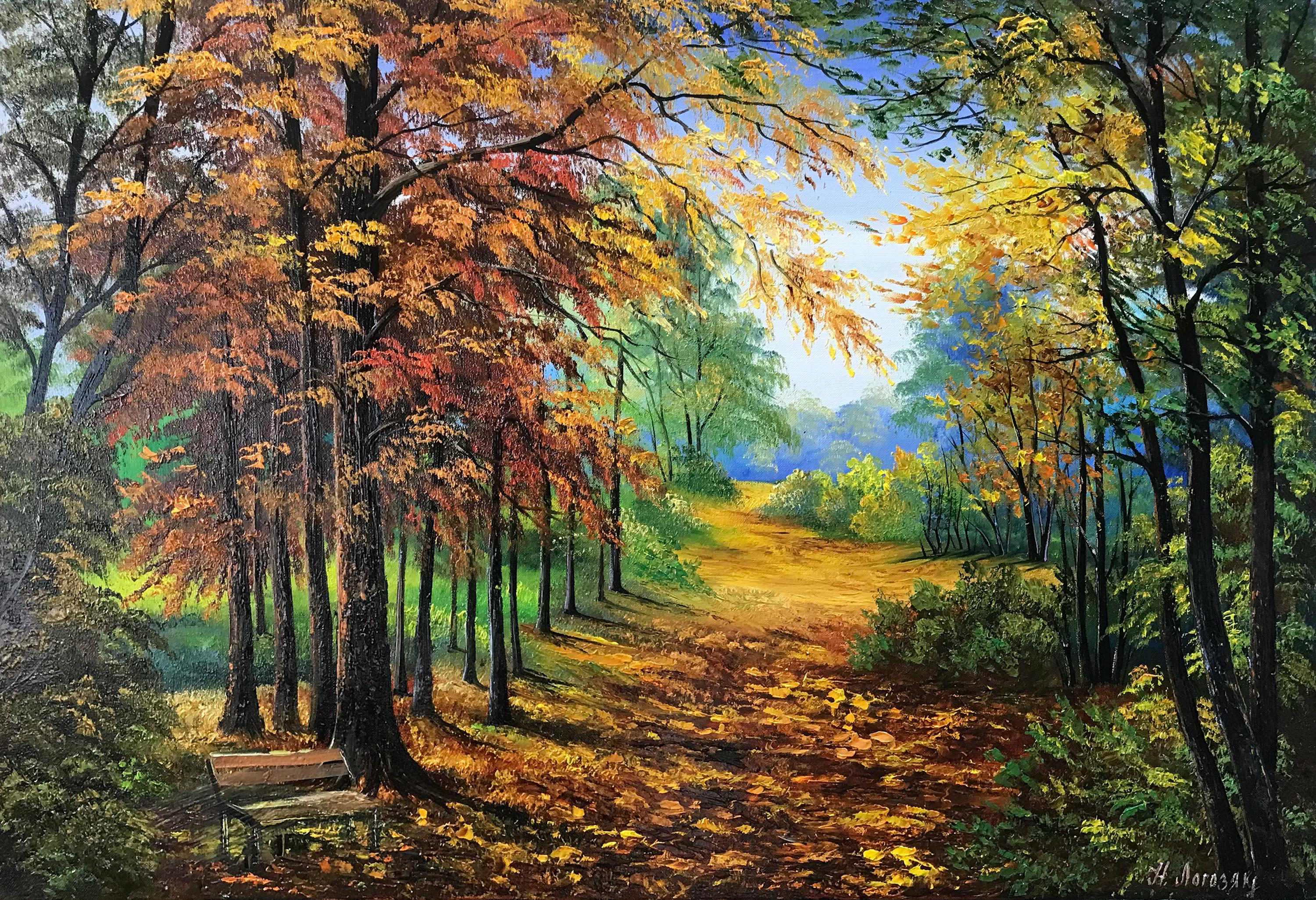 秋の森を描いた大きな油絵オリジナル作品、秋の風景、森の中の小道の 