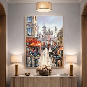European Cityscape Painting Original Europe Wall Art Travel Town Abstract City Painting on Canvas Modern Cityscape Art European Cafe Art image 5